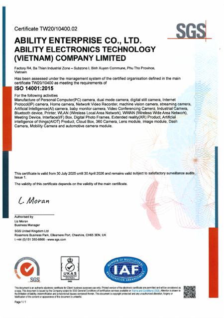 ISO14001_2015 Environmental Management System Certificate-Ability Electronics VN
