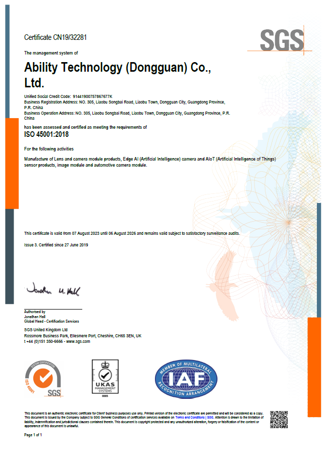 ISO45001_2018 Occupational health and safety management system Certificate-Ability DongGuan