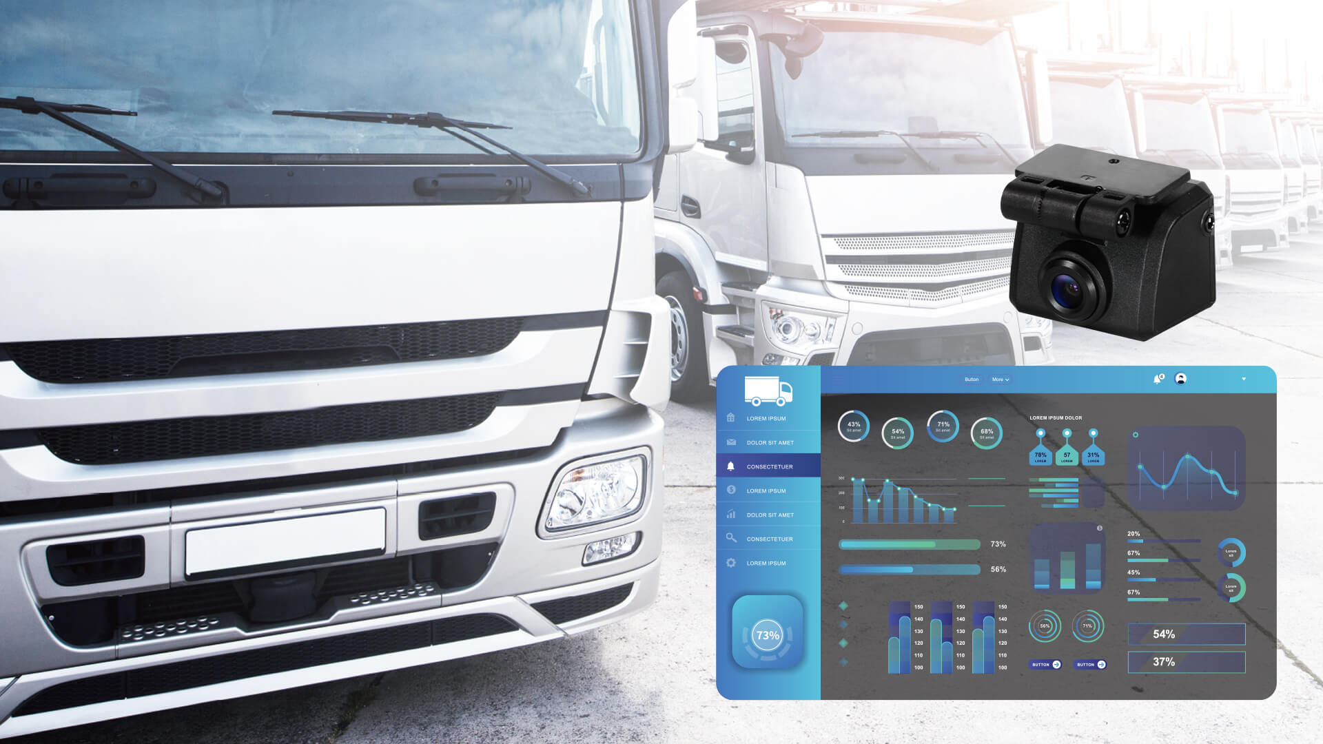 Automotive fleet management solution with surveillance and telematics, showing real-time GPS tracking and remote video monitoring