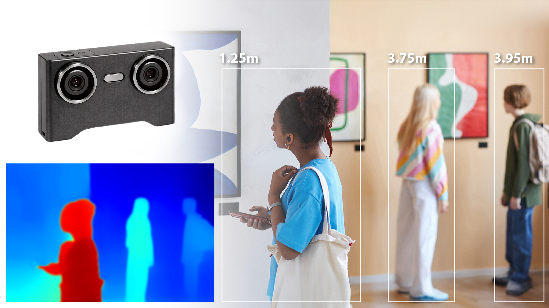 搭載雙鏡頭系統的深度相機，具備立體視覺感知能力，可應用於 AR、臉部辨識與安全監控等場景