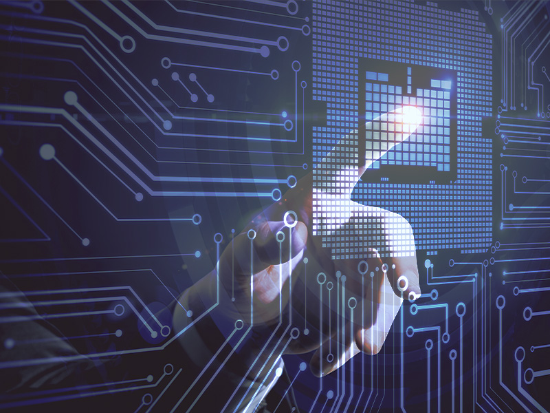 Circuit and chip illustration representing AI computing and integrated electronic platform.