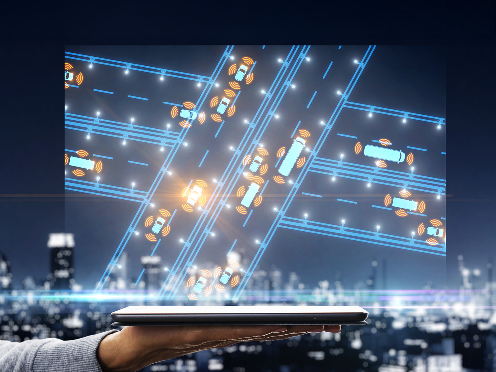 Smart traffic and AI data network illustration representing innovative software integration.