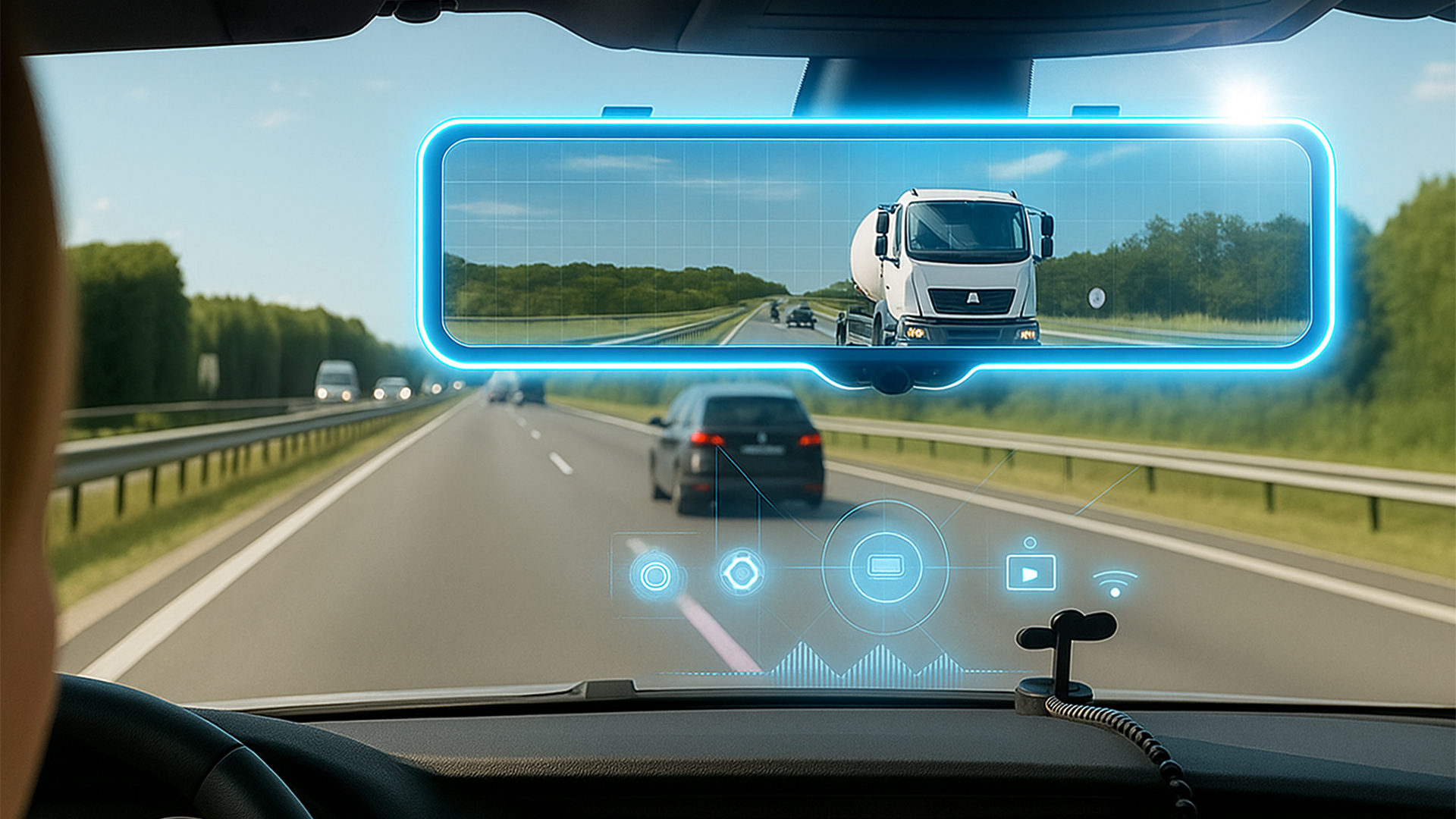 車内に取り付けられた電子式バックミラーは、車尾に設置されたカメラが撮影するリアルタイムの映像を表示します。