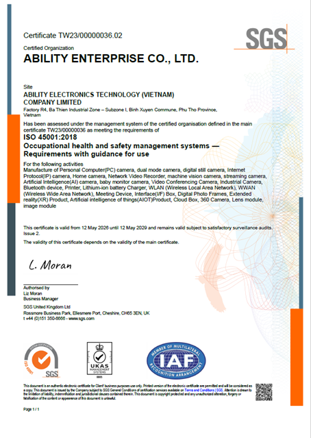 ISO45001_2018 Occupational health and safety management system Certificate-Ability Electronics VN