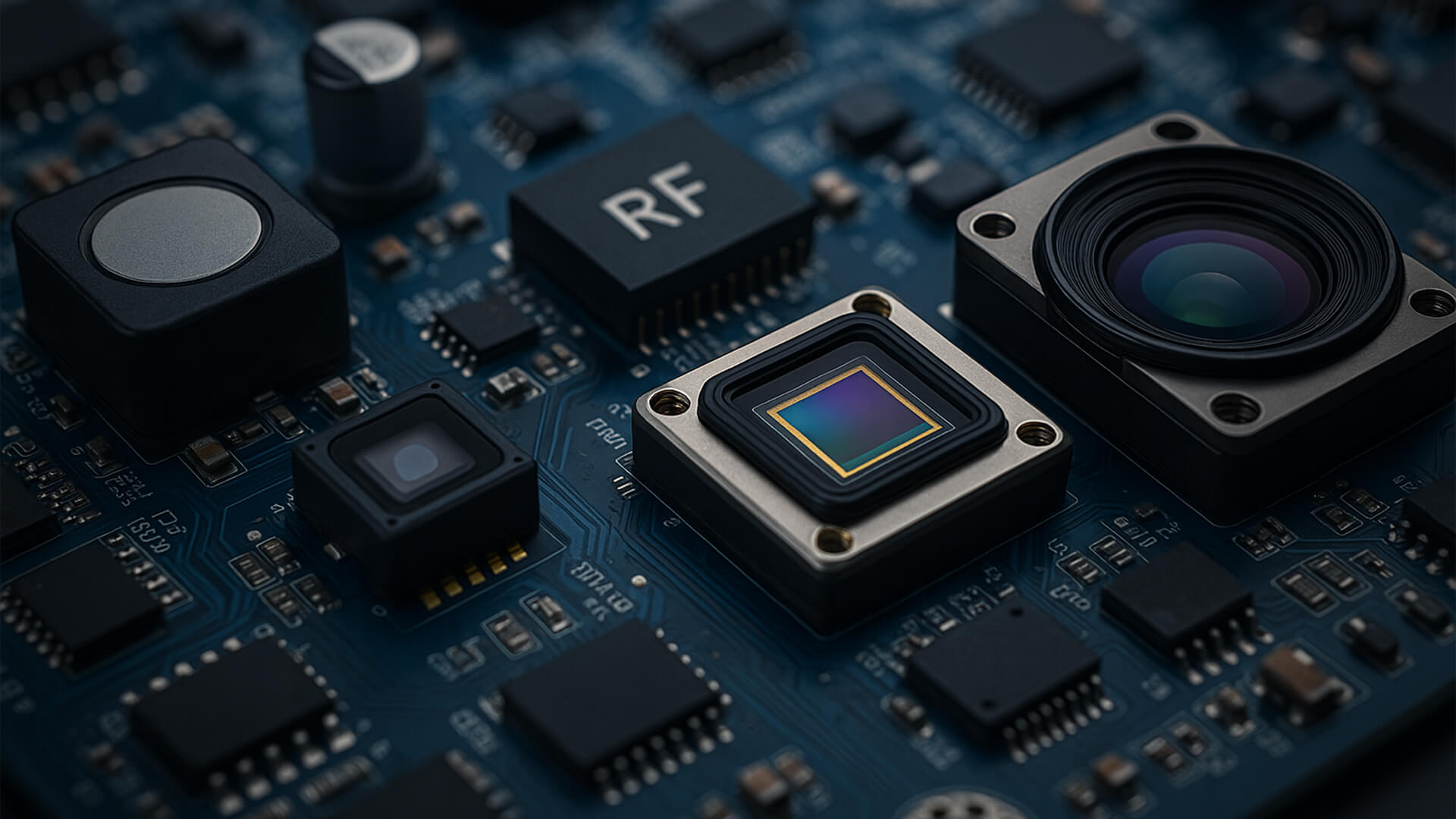 PCBのクローズアップで、イメージセンサー、RFモジュール、レンズ部品を統合し、Ability Enterpriseの電源・RF・EMC設計の専門技術を表現