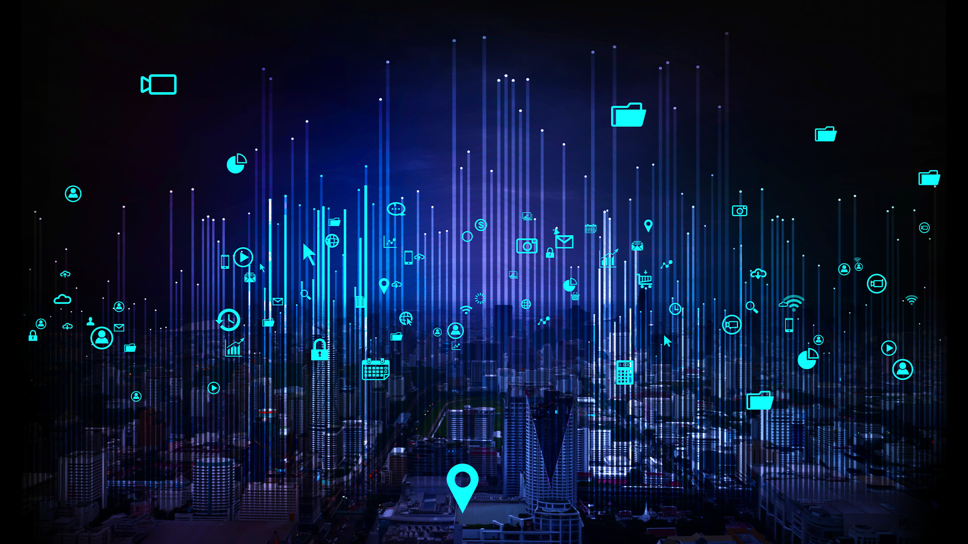 未来的な都市景観に無線ネットワークアイコンを重ね、Ability EnterpriseのRFモジュール統合、アンテナ設計、GNSS通信の実力を表現