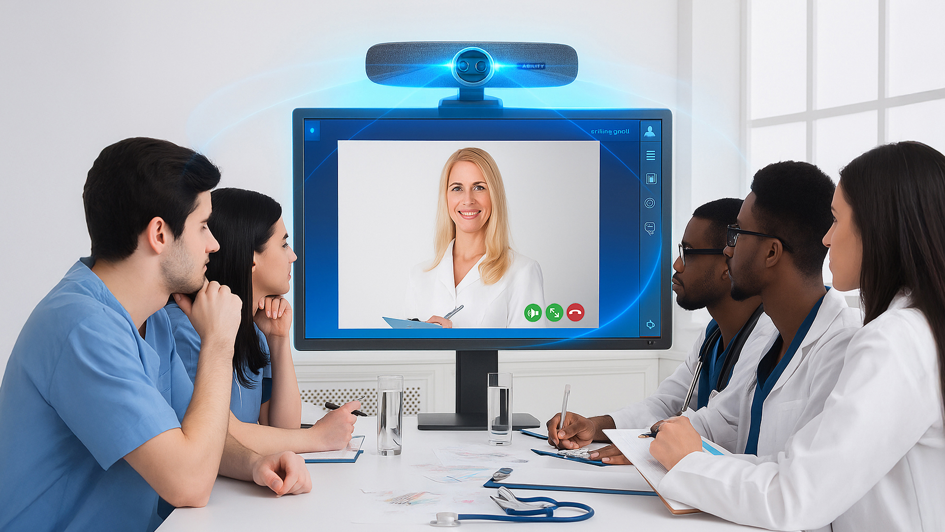 Professional video conference camera for business, with wide-angle lens, multi-camera fusion, digital/mechanical PTZ, noise reduction, and beamforming microphones, delivering clear video and audio for effective remote meetings.